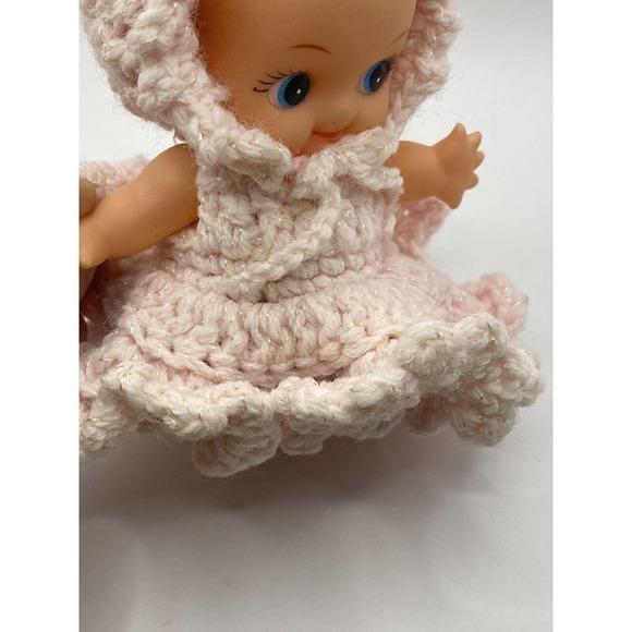 VINTAGE Mid Century Japan Kewpie Baby Doll Posable Pink Knitted Dress - Picture 2 of 6